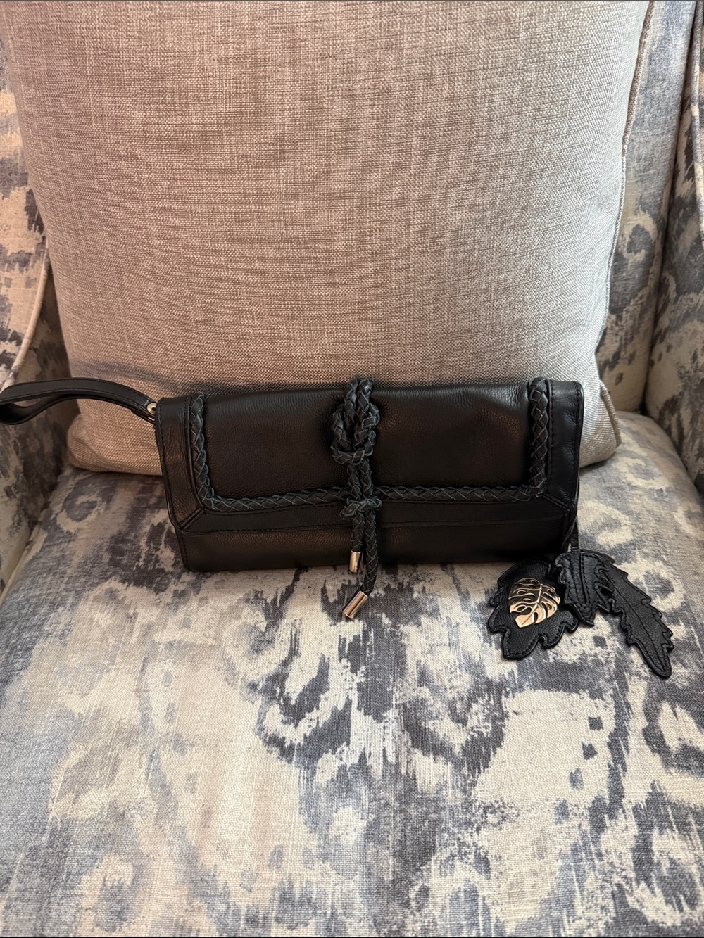 Tommy Bahama Black Braided Leather Wristlet Clutch